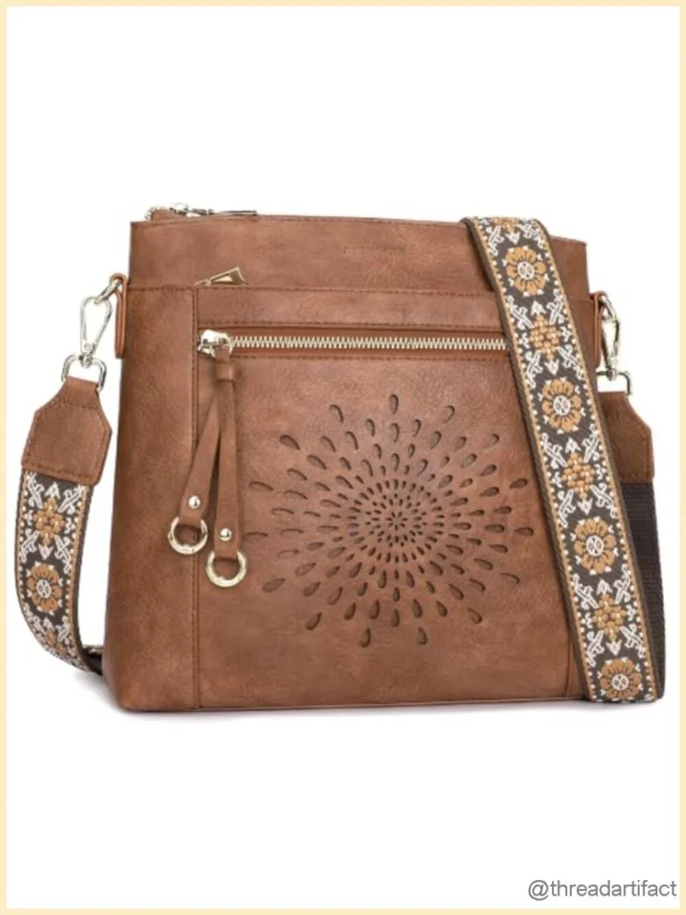 Faux Leather Crossbody Bag with Wide Guitar Strap, Multi Pocket